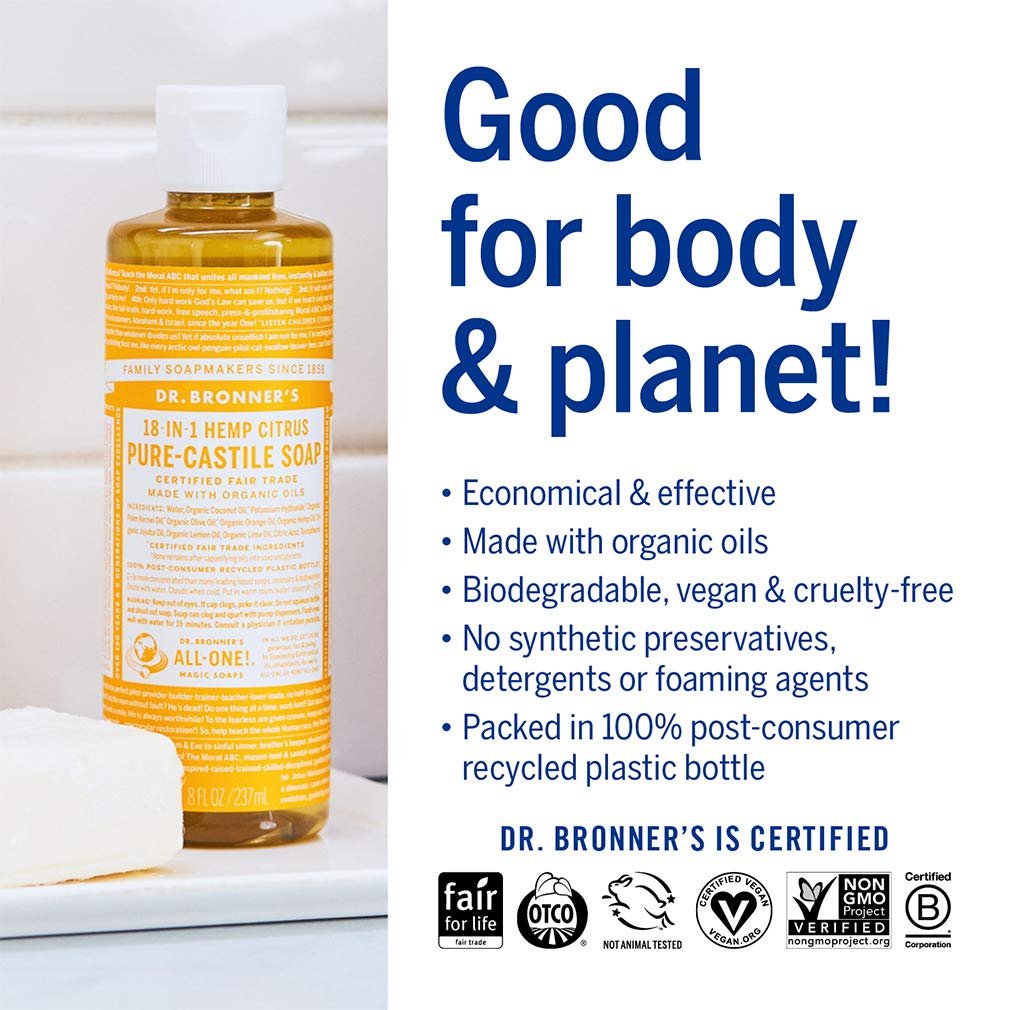Dr. Bronner's Pure-Castile Liquid Soap Variety Pack - Citrus, Tea Tree, Rose, & Eucalyptus, Made with Organic Oils, 18-in-1 Uses: Face, Body, Hair, Laundry, Pets & Dishes (8 oz, 4-Pack) Avelisse