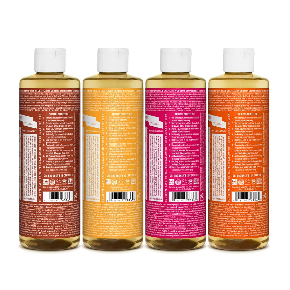 Dr. Bronner's Pure-Castile Liquid Soap Variety Pack - Citrus, Tea Tree, Rose, & Eucalyptus, Made with Organic Oils, 18-in-1 Uses: Face, Body, Hair, Laundry, Pets & Dishes (8 oz, 4-Pack) Avelisse