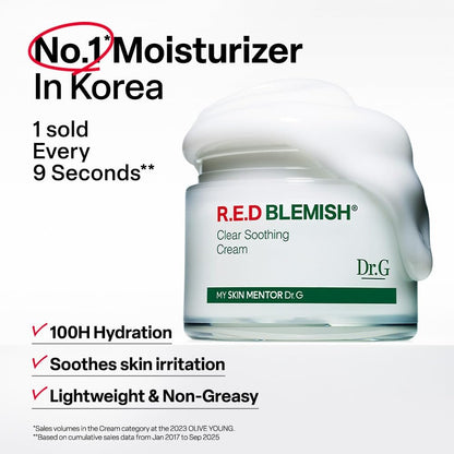 Dr. G R.E.D. Blemish Clear Soothing Cream - Calming Korean Moisturizer for Redness, Soothes Acne & Irritation, with Centella Asiatica, Long-Lasting Hydration, 2.36 fl oz Avelisse