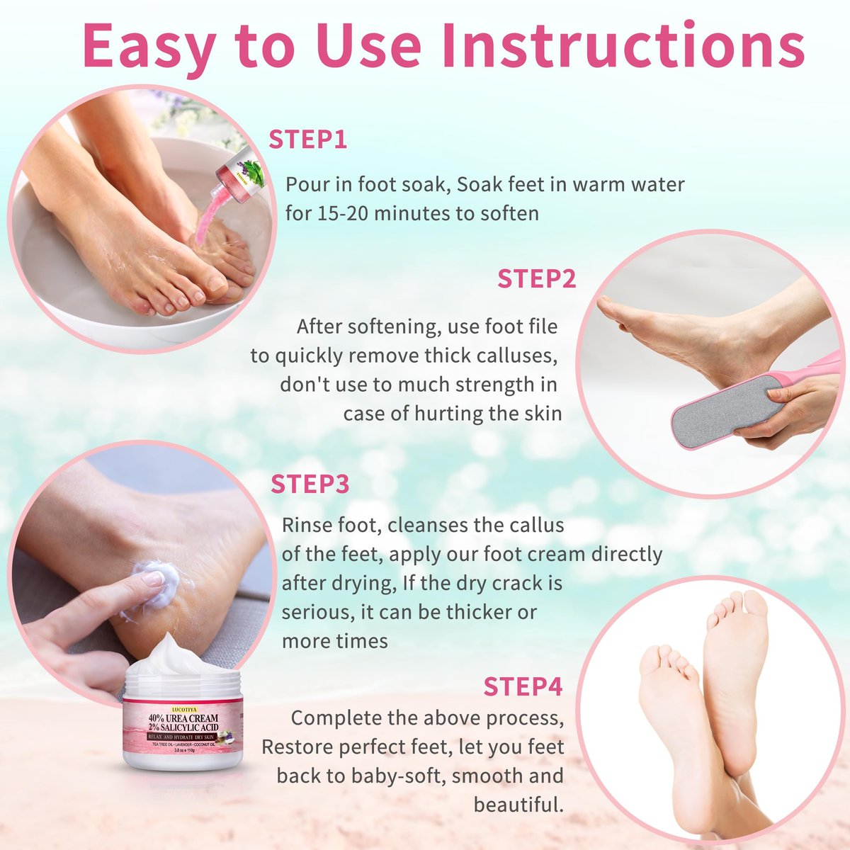 LUCOTIYA Pedicure Kit Foot Spa Soak Set - Callus Remover, Cuticle Care, Dead Skin Urea Cream, Aloe & Lavender - Complete Foot Care Supplies for Dry Cracked Feet for Women & Men (Rose) Avelisse