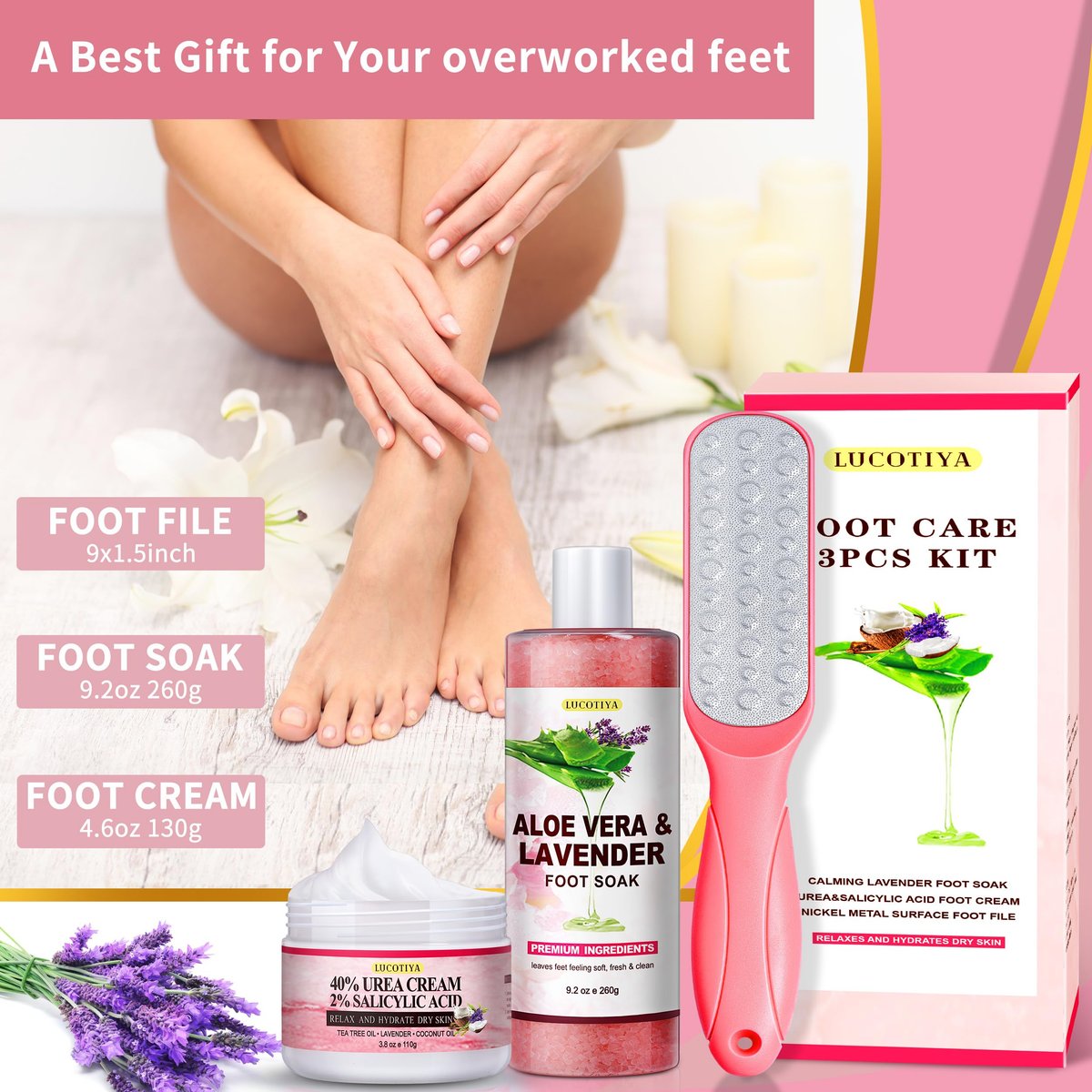 LUCOTIYA Pedicure Kit Foot Spa Soak Set - Callus Remover, Cuticle Care, Dead Skin Urea Cream, Aloe & Lavender - Complete Foot Care Supplies for Dry Cracked Feet for Women & Men (Rose) Avelisse