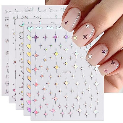 JMEOWIO 12 Sheets Aurora Nail Art Stickers Decals - Glitter Holographic Star Heart Nail Supplies