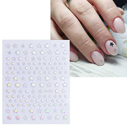 JMEOWIO 12 Sheets Aurora Nail Art Stickers Decals - Glitter Holographic Star Heart Nail Supplies