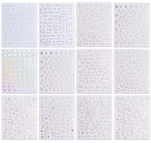 JMEOWIO 12 Sheets Aurora Nail Art Stickers Decals - Glitter Holographic Star Heart Nail Supplies - görsel 4