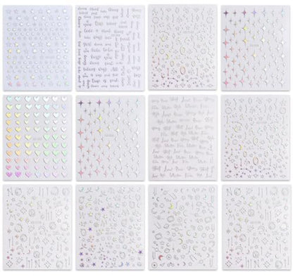 JMEOWIO 12 Sheets Aurora Nail Art Stickers Decals - Glitter Holographic Star Heart Nail Supplies