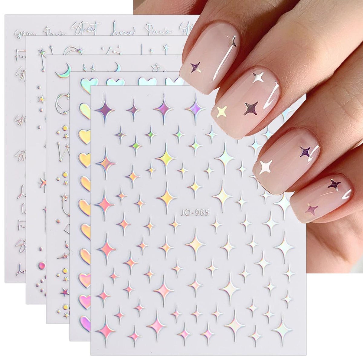 JMEOWIO 12 Sheets Aurora Nail Art Stickers Decals - Glitter Holographic Star Heart Nail Supplies - görsel 1