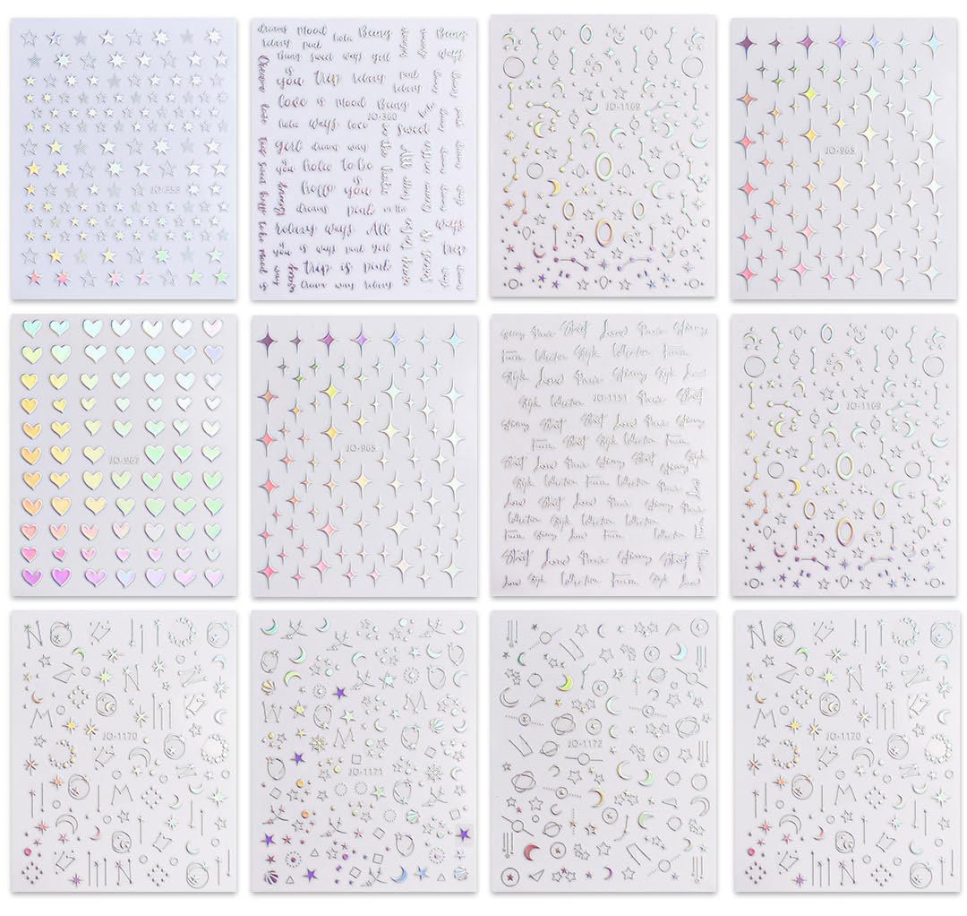 JMEOWIO 12 Sheets Aurora Nail Art Stickers Decals - Glitter Holographic Star Heart Nail Supplies - görsel 3
