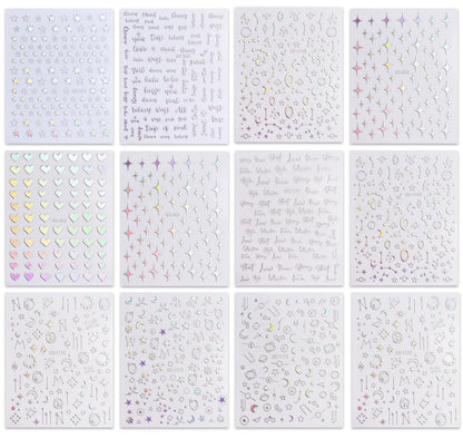 JMEOWIO 12 Sheets Aurora Nail Art Stickers Decals - Glitter Holographic Star Heart Nail Supplies
