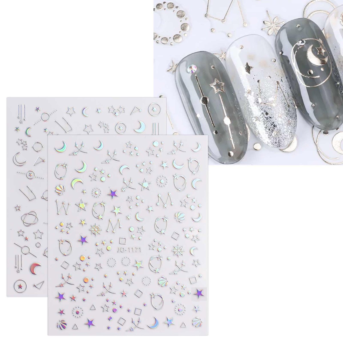 JMEOWIO 12 Sheets Aurora Nail Art Stickers Decals - Glitter Holographic Star Heart Nail Supplies - görsel 9