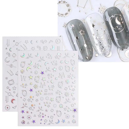 JMEOWIO 12 Sheets Aurora Nail Art Stickers Decals - Glitter Holographic Star Heart Nail Supplies