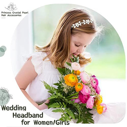 Tanfeine Silver Crystal Pearl Flower Girl Headband - Princess Wedding Hair Accessory for Girls