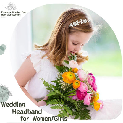 Tanfeine Silver Crystal Pearl Flower Girl Headband - Princess Wedding Hair Accessory for Girls