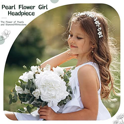 Tanfeine Silver Crystal Pearl Flower Girl Headband - Princess Wedding Hair Accessory for Girls
