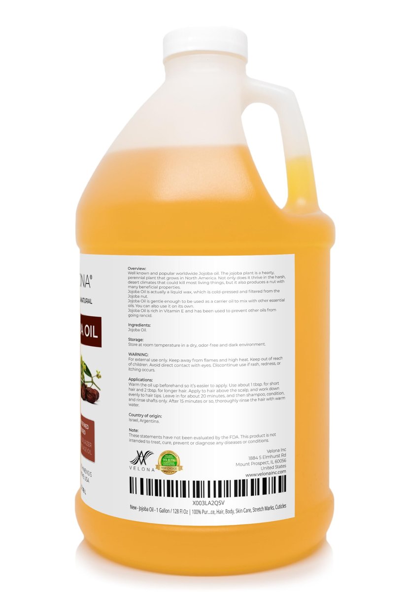 velona Jojoba Oil - 1 Gallon (128 Fl Oz) | 100% Pure, Natural, Unrefined Cold Pressed Hexane Free Moisturizing Oil for Face, Hair, Body, Stretch Marks & Cuticles Avelisse