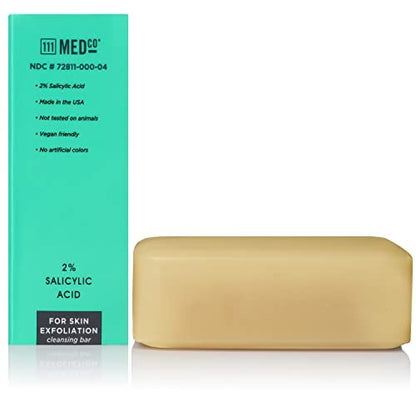111MedCo 2% Salicylic Acid Exfoliating Acne Cleansing Bar - Medicated Face & Body Soap for Breakouts, Rough Bumpy Texture, Dull-Looking Skin - Helps Smooth and Clear Pores, 4 oz