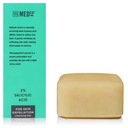 111MedCo 2% Salicylic Acid Exfoliating Acne Cleansing Bar - Medicated Face & Body Soap for Breakouts, Rough Bumpy Texture, Dull-Looking Skin - Helps Smooth and Clear Pores, 4 oz