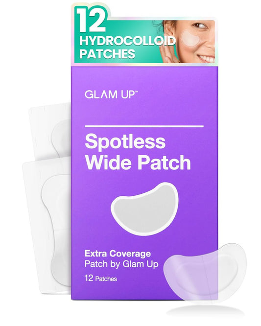 GLAM UP Spotless Patch - Hydrocolloid Spot Patch for Wide Acne Areas, Cheek, Body, Blackhead - Cruelty Free & Vegan Friendly (12 Count)