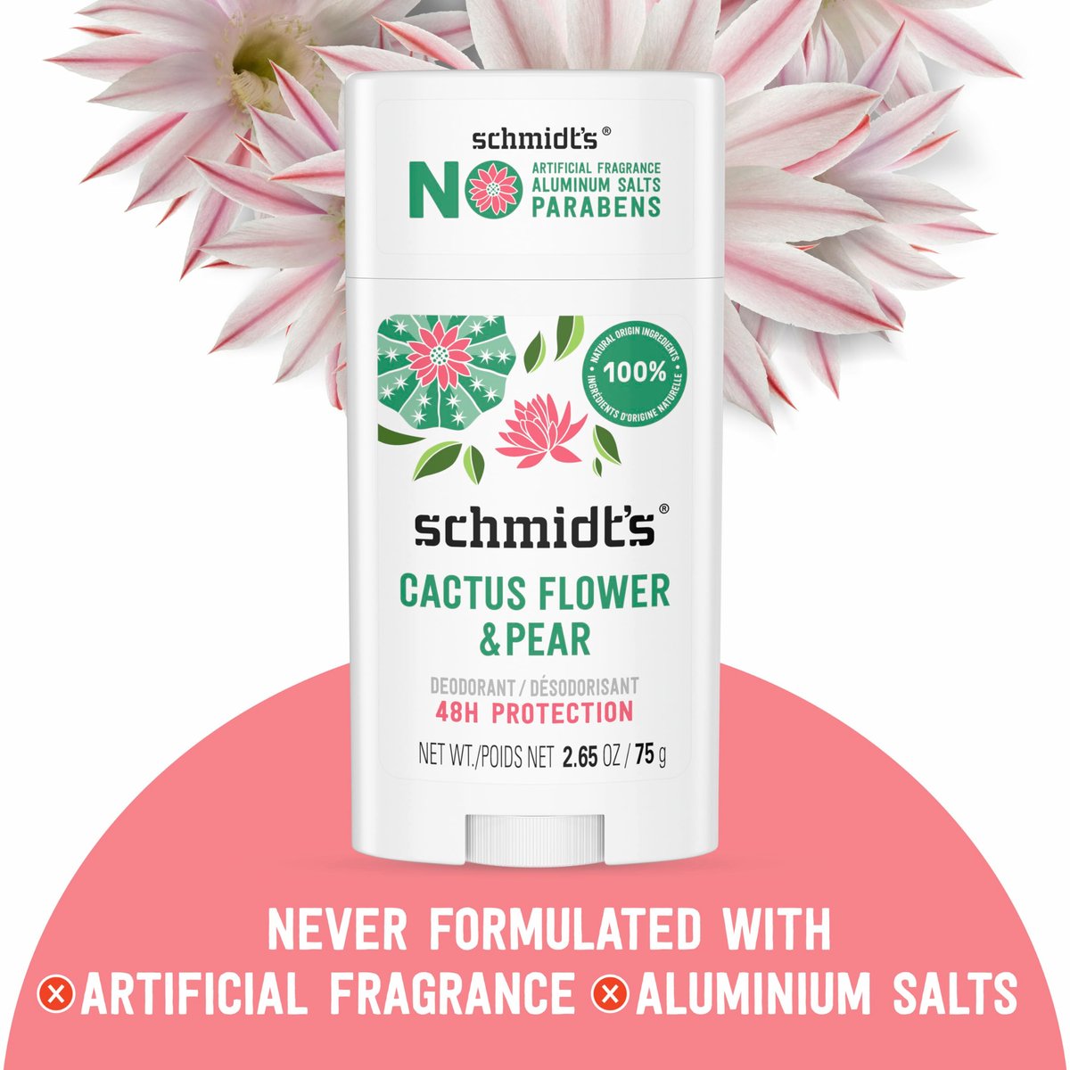 Schmidt's Aluminum-Free Vegan Deodorant Cactus Flower & Pear – 24-Hour Odor Protection, Natural Ingredients, 2 Pack Avelisse