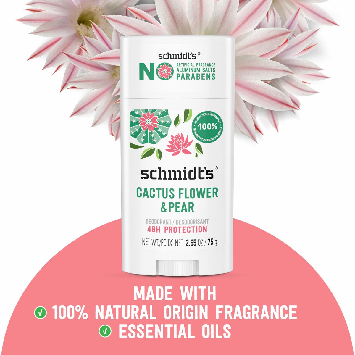 Schmidt's Aluminum-Free Vegan Deodorant Cactus Flower & Pear – 24-Hour Odor Protection, Natural Ingredients, 2 Pack Avelisse