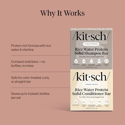Kitsch Rice Water Protein Solid Shampoo and Conditioner Set for Hair Growth – Strengthening Hair Care Duo with Rice Protein & Vitamins – Paraben, Sulfate & Silicone Free, Made in USA (5.9 oz, Pack of 2) Avelisse