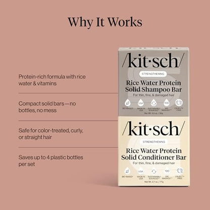 Kitsch Rice Water Protein Solid Shampoo and Conditioner Set for Hair Growth – Strengthening Hair Care Duo with Rice Protein & Vitamins – Paraben, Sulfate & Silicone Free, Made in USA (5.9 oz, Pack of 2) Avelisse