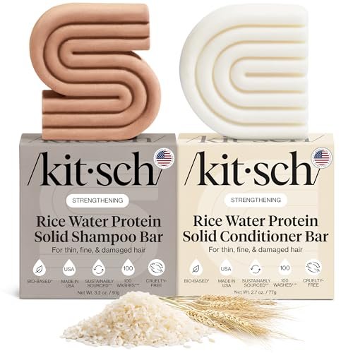 Kitsch Rice Water Protein Solid Shampoo and Conditioner Set for Hair Growth – Strengthening Hair Care Duo with Rice Protein & Vitamins – Paraben, Sulfate & Silicone Free, Made in USA (5.9 oz, Pack of 2) Avelisse