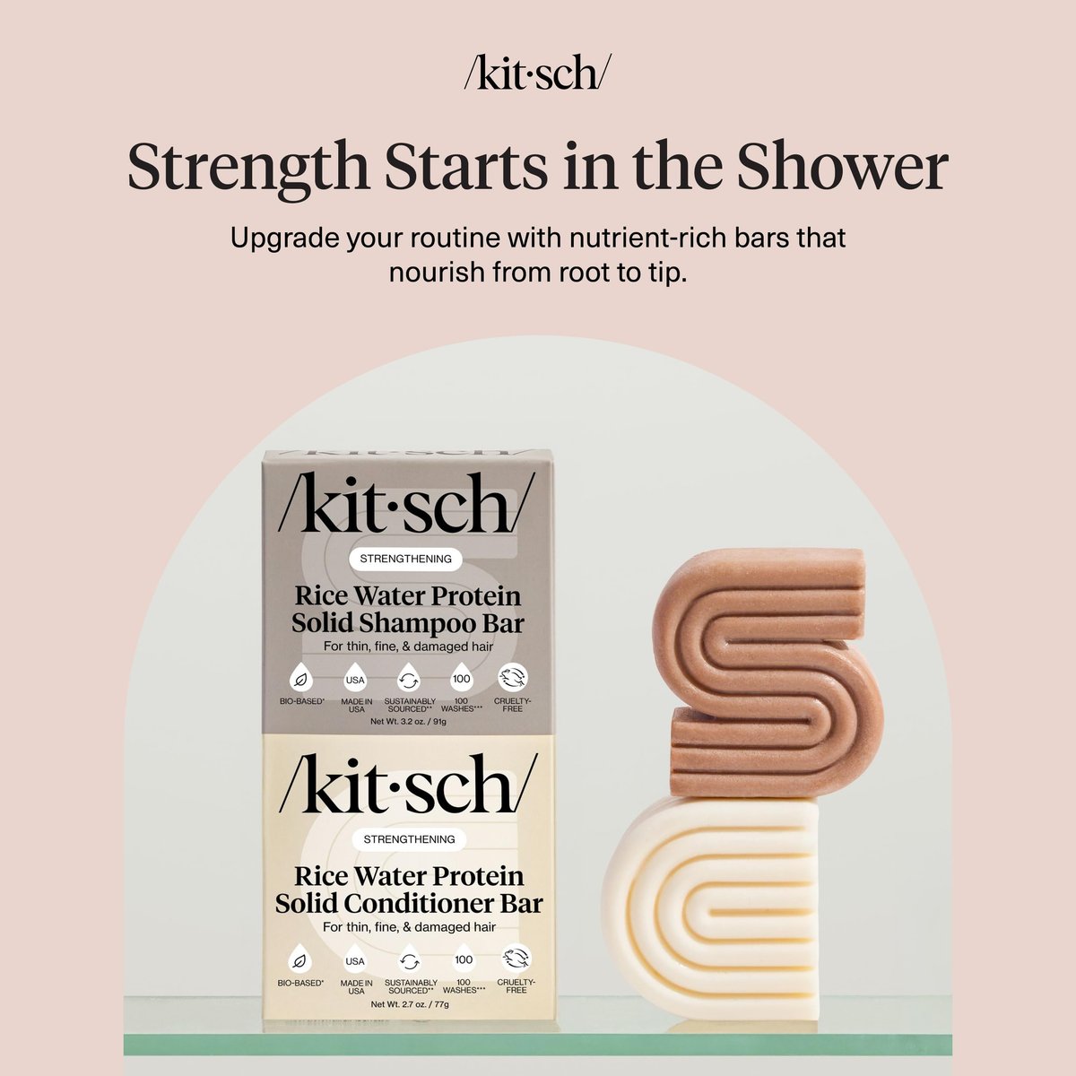 Kitsch Rice Water Protein Solid Shampoo and Conditioner Set for Hair Growth – Strengthening Hair Care Duo with Rice Protein & Vitamins – Paraben, Sulfate & Silicone Free, Made in USA (5.9 oz, Pack of 2) Avelisse