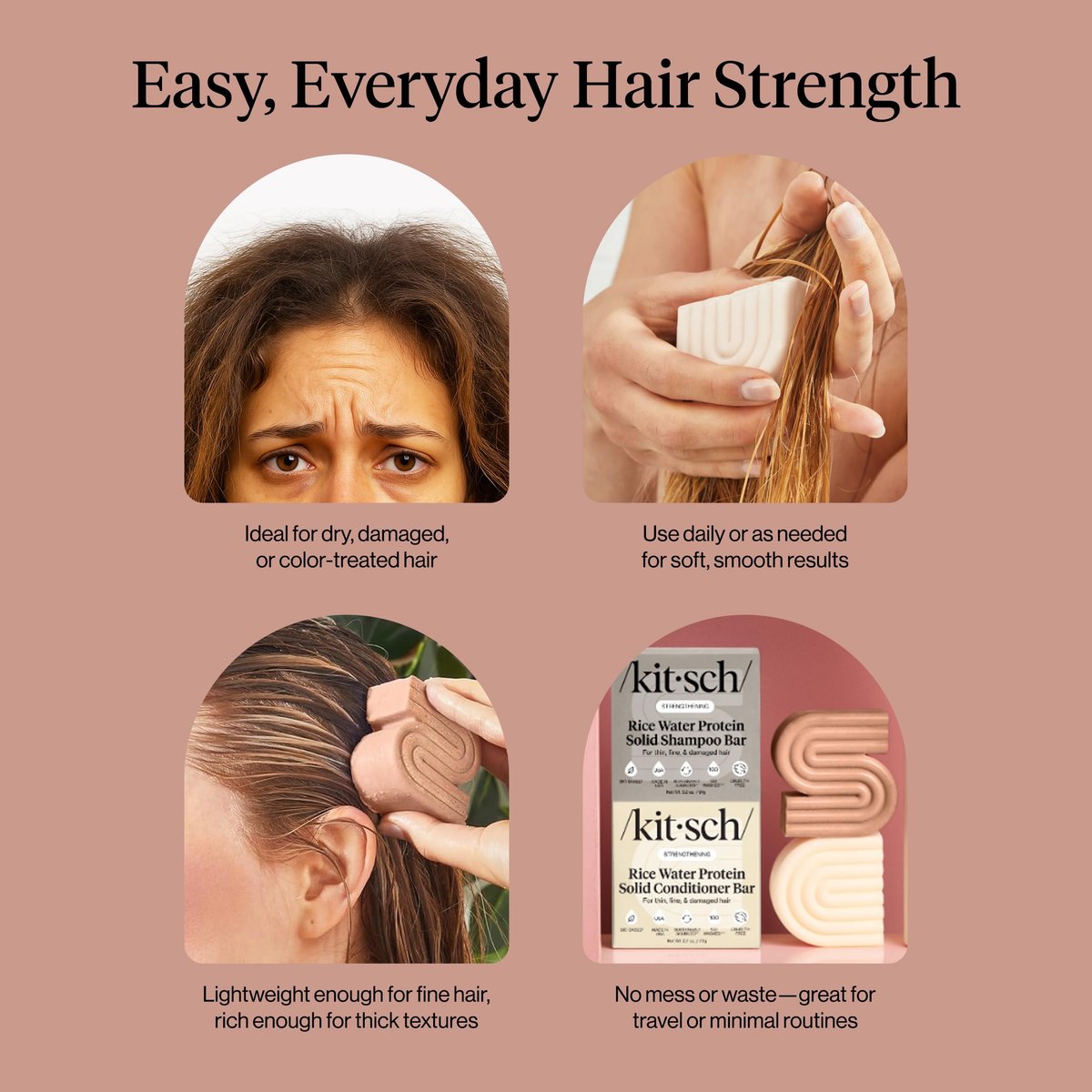 Kitsch Rice Water Protein Solid Shampoo and Conditioner Set for Hair Growth – Strengthening Hair Care Duo with Rice Protein & Vitamins – Paraben, Sulfate & Silicone Free, Made in USA (5.9 oz, Pack of 2) Avelisse