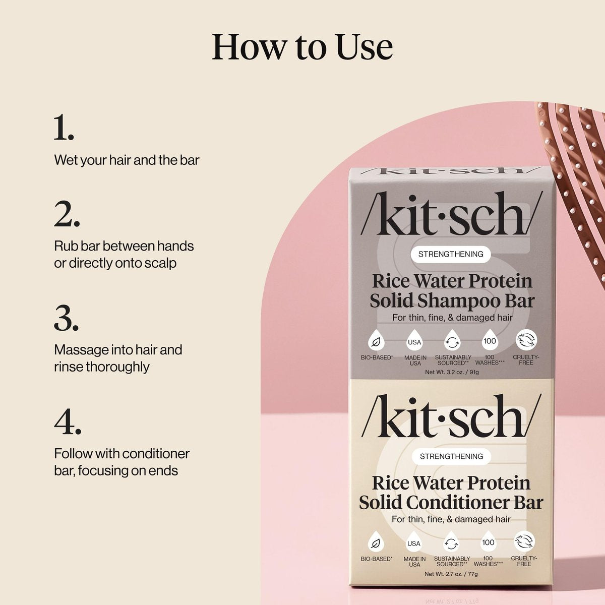 Kitsch Rice Water Protein Solid Shampoo and Conditioner Set for Hair Growth – Strengthening Hair Care Duo with Rice Protein & Vitamins – Paraben, Sulfate & Silicone Free, Made in USA (5.9 oz, Pack of 2) Avelisse