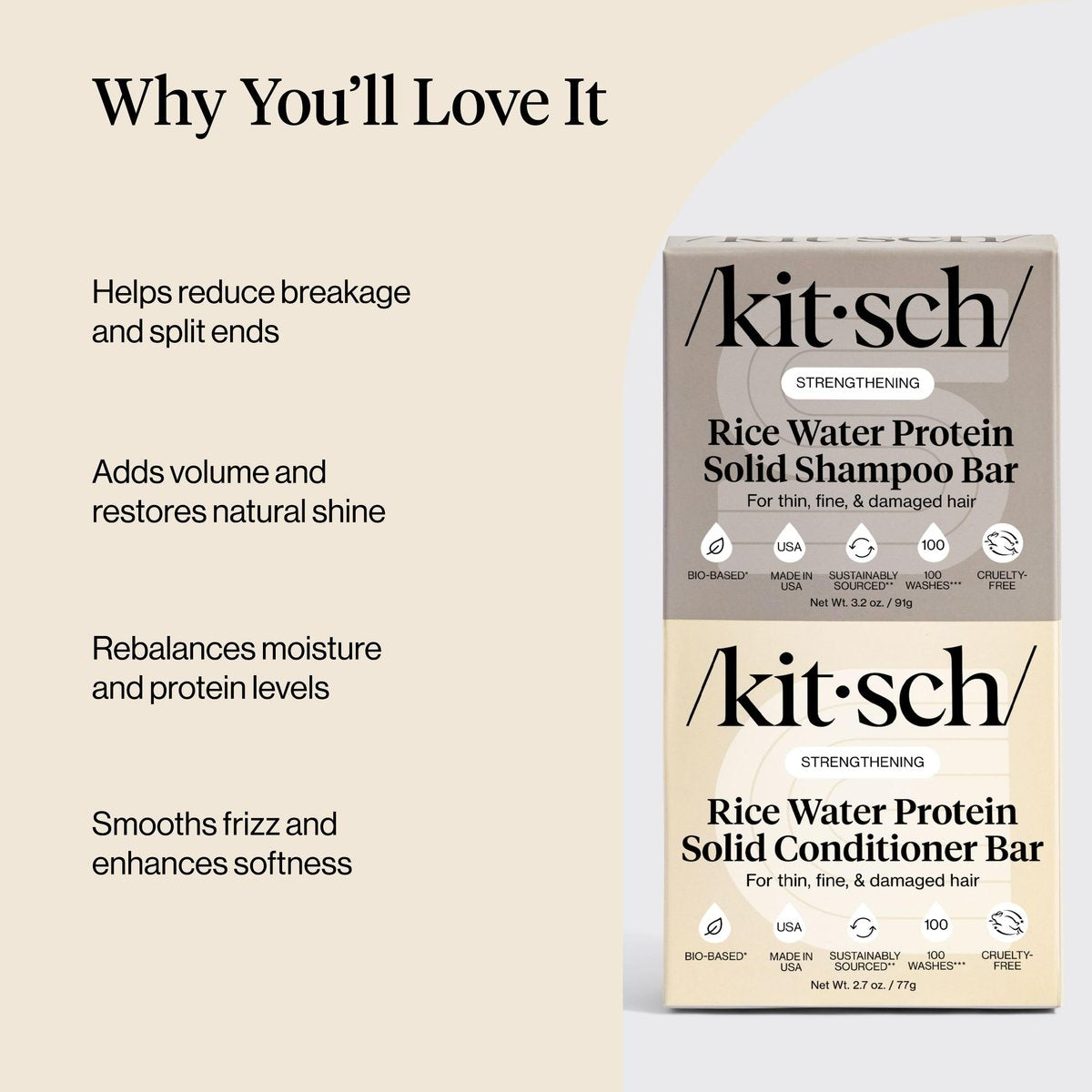 Kitsch Rice Water Protein Solid Shampoo and Conditioner Set for Hair Growth – Strengthening Hair Care Duo with Rice Protein & Vitamins – Paraben, Sulfate & Silicone Free, Made in USA (5.9 oz, Pack of 2) Avelisse