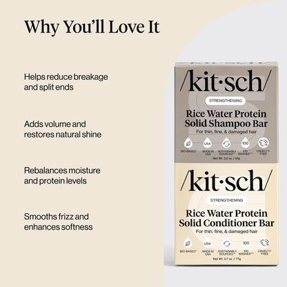 Kitsch Rice Water Protein Solid Shampoo and Conditioner Set for Hair Growth – Strengthening Hair Care Duo with Rice Protein & Vitamins – Paraben, Sulfate & Silicone Free, Made in USA (5.9 oz, Pack of 2) Avelisse