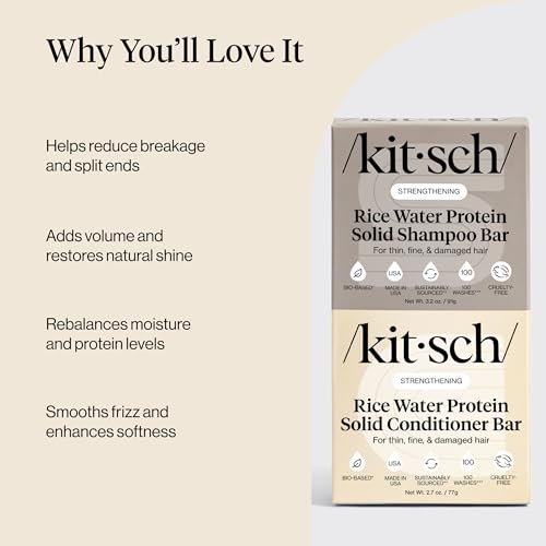 Kitsch Rice Water Protein Solid Shampoo and Conditioner Set for Hair Growth – Strengthening Hair Care Duo with Rice Protein & Vitamins – Paraben, Sulfate & Silicone Free, Made in USA (5.9 oz, Pack of 2) Avelisse