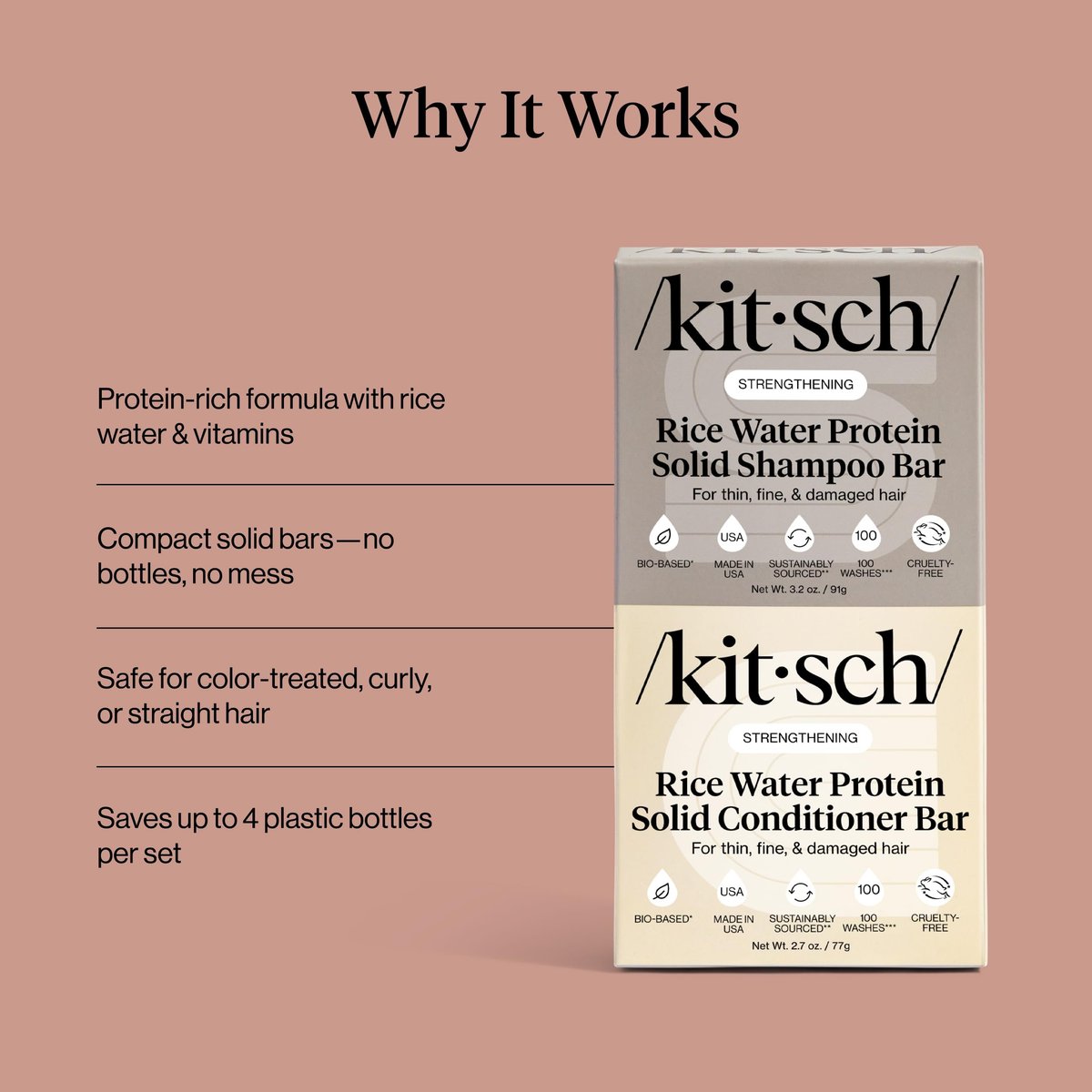 Kitsch Rice Water Protein Solid Shampoo and Conditioner Set for Hair Growth – Strengthening Hair Care Duo with Rice Protein & Vitamins – Paraben, Sulfate & Silicone Free, Made in USA (5.9 oz, Pack of 2) Avelisse