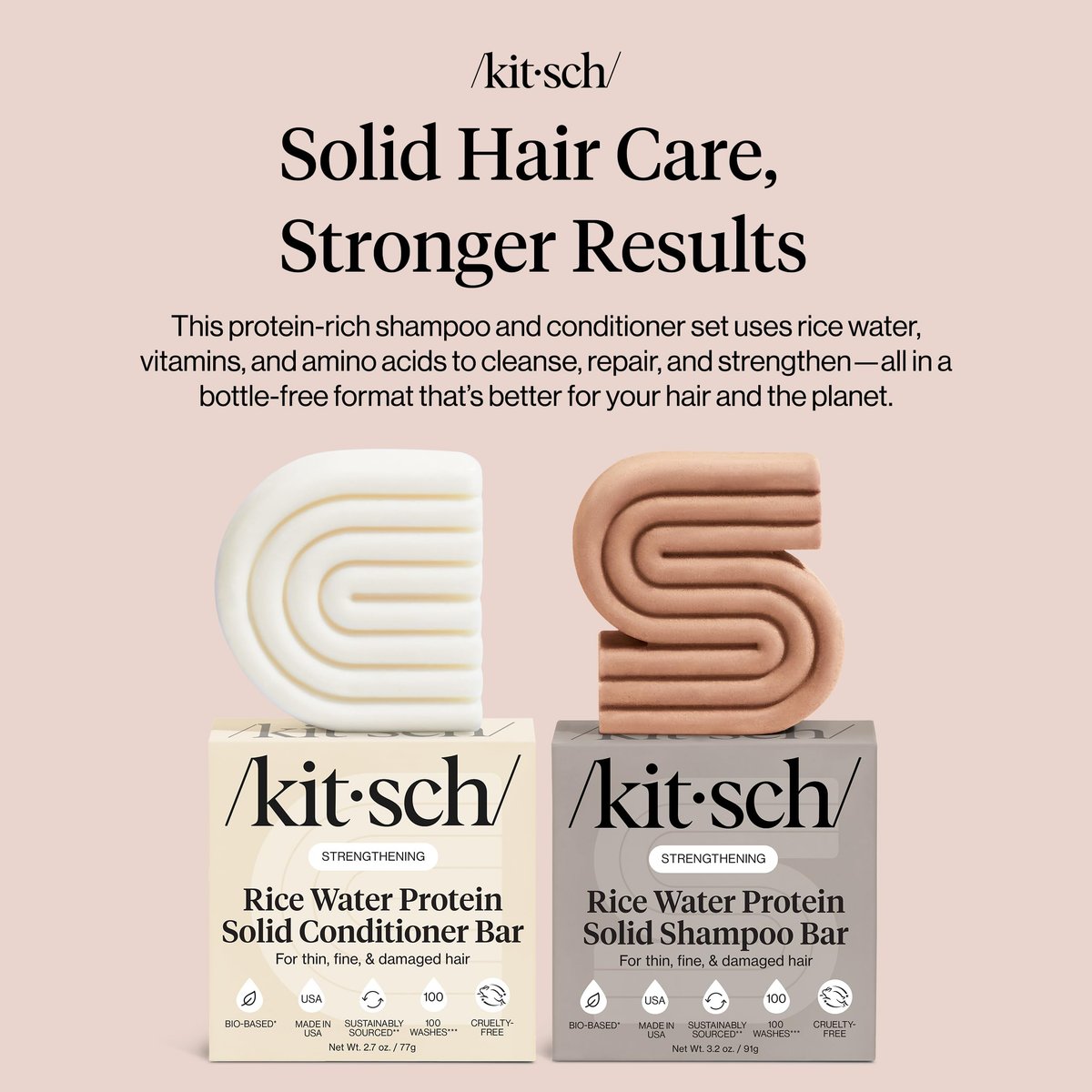Kitsch Rice Water Protein Solid Shampoo and Conditioner Set for Hair Growth – Strengthening Hair Care Duo with Rice Protein & Vitamins – Paraben, Sulfate & Silicone Free, Made in USA (5.9 oz, Pack of 2) Avelisse