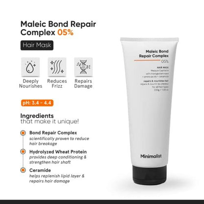 Minimalist Hair Mask for Damaged & Frizzy Hair | Maleic Bond Repair Complex 5% | Post Shampoo Treatment | 7.05 oz Avelisse