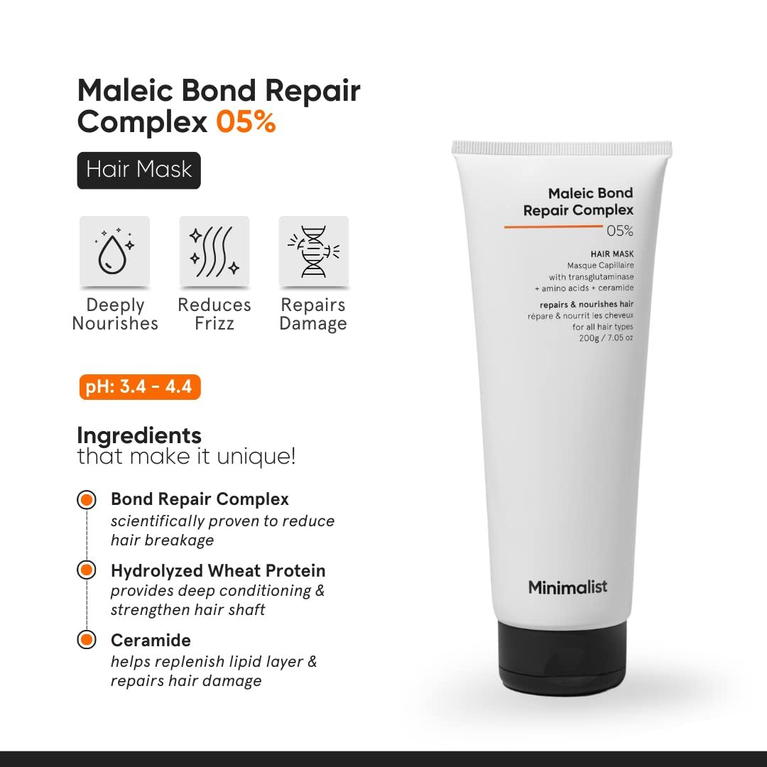 Minimalist Hair Mask for Damaged & Frizzy Hair | Maleic Bond Repair Complex 5% | Post Shampoo Treatment | 7.05 oz Avelisse