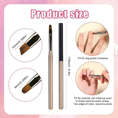 Tea Brown Nail Clean Up Brushes 2-Pack: Round & Angled Head for Precision Art and Polish Mistake Removal