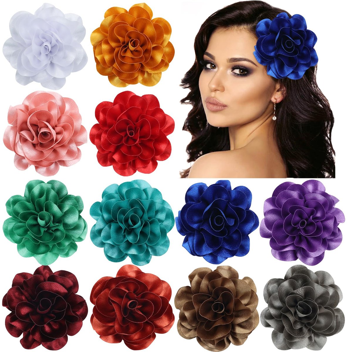 Dizila 12 Pack Satin Solid Large Big Flower Hair Clips Duckbill Alligator Hair Clips Hairpins Barrettes Accessories for Women Girls Teens Kids Avelisse