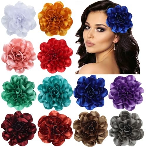 Dizila 12 Pack Satin Solid Large Big Flower Hair Clips Duckbill Alligator Hair Clips Hairpins Barrettes Accessories for Women Girls Teens Kids Avelisse
