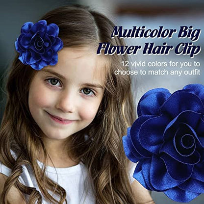 Dizila 12 Pack Satin Solid Large Big Flower Hair Clips Duckbill Alligator Hair Clips Hairpins Barrettes Accessories for Women Girls Teens Kids Avelisse