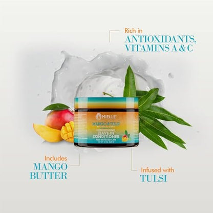 Mielle Organics Mango & Tulsi Nourishing Leave In Conditioner for Curly Hair - Moisturizing Leave In Conditioner with Breakage Protection & Scalp Nourishment - Detangles & Reduces Frizz (12 Oz)