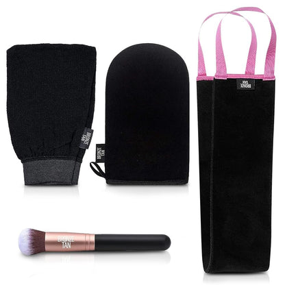 Bronze Tan Self Tanner Accessory Kit - 4 Piece Set with Tanning Mitt, Exfoliating Mitt, Back Applicator, Face & Hand Brush