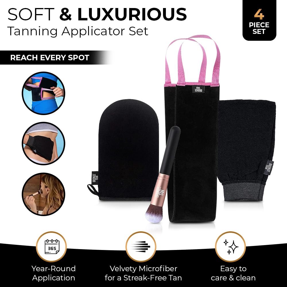 Bronze Tan Self Tanner Accessory Kit - 4 Piece Set with Tanning Mitt, Exfoliating Mitt, Back Applicator, Face & Hand Brush - görsel 4