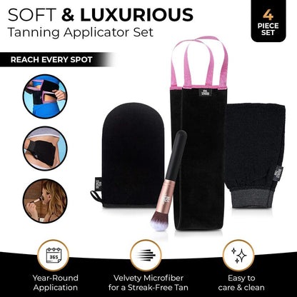Bronze Tan Self Tanner Accessory Kit - 4 Piece Set with Tanning Mitt, Exfoliating Mitt, Back Applicator, Face & Hand Brush