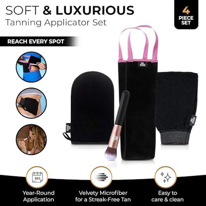 Bronze Tan Self Tanner Accessory Kit - 4 Piece Set with Tanning Mitt, Exfoliating Mitt, Back Applicator, Face & Hand Brush
