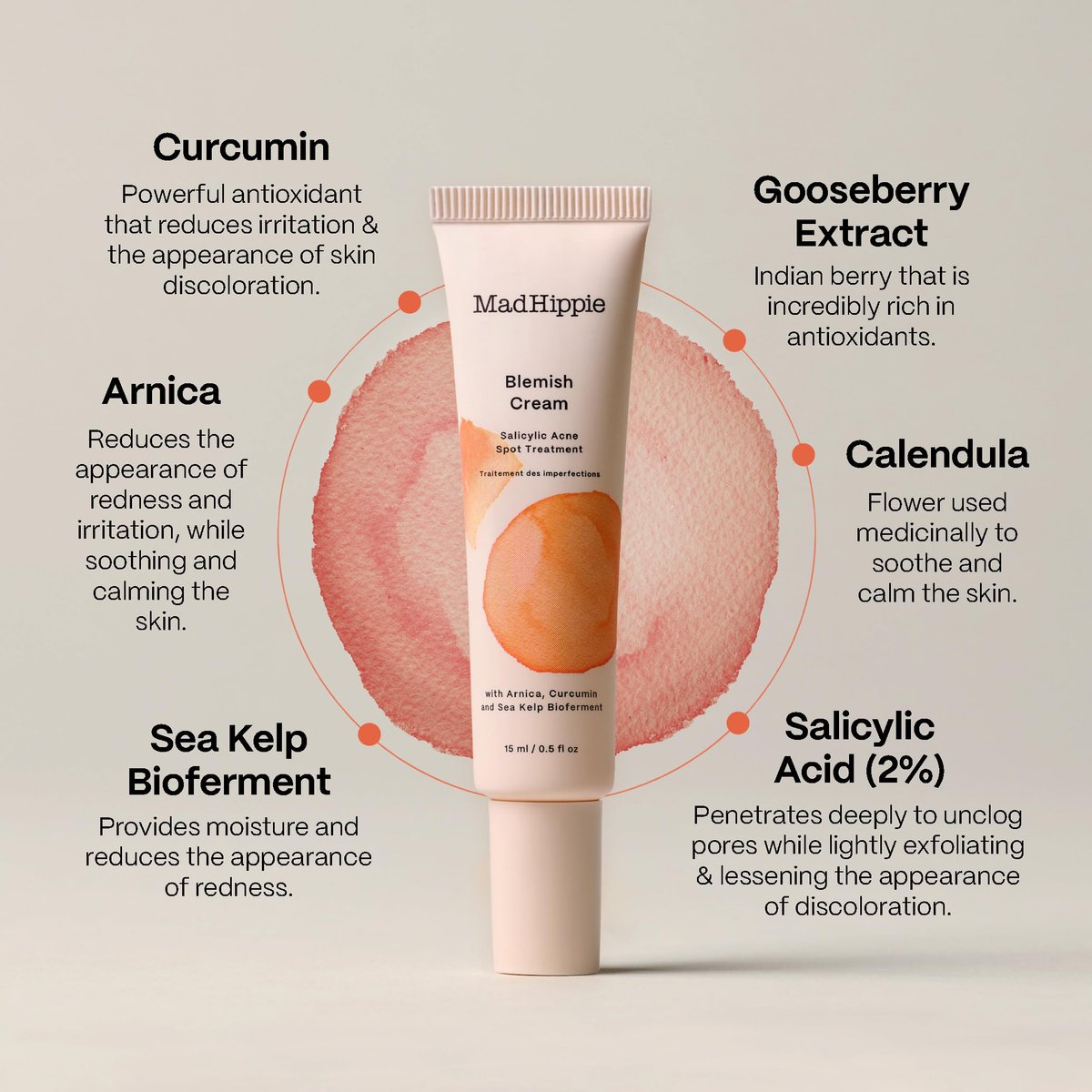 Mad Hippie Blemish Cream – Acne Spot Treatment with 2% Salicylic Acid & Redness Reducing Arnica, Curcumin, Calendula – 0.5 oz Avelisse