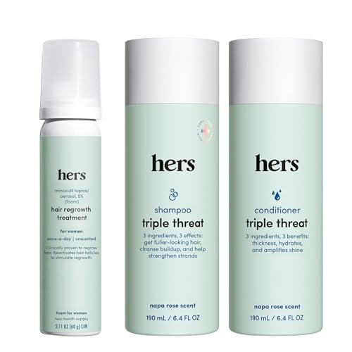 Hers Triple Threat Shampoo, Conditioner, & Minoxidil Set - Hair Thickening & Strengthening with 5% Minoxidil Foam - Paraben-Free, Vegan, Color-Safe - 3 Count Avelisse