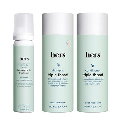 Hers Triple Threat Shampoo, Conditioner, & Minoxidil Set - Hair Thickening & Strengthening with 5% Minoxidil Foam - Paraben-Free, Vegan, Color-Safe - 3 Count Avelisse