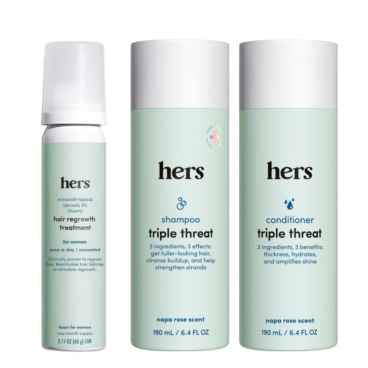 Hers Triple Threat Shampoo, Conditioner, & Minoxidil Set - Hair Thickening & Strengthening with 5% Minoxidil Foam - Paraben-Free, Vegan, Color-Safe - 3 Count Avelisse