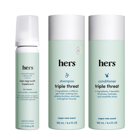 Hers Triple Threat Shampoo, Conditioner, & Minoxidil Set - Hair Thickening & Strengthening with 5% Minoxidil Foam - Paraben-Free, Vegan, Color-Safe - 3 Count Avelisse